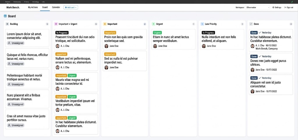 Work Bench product board: Kanban view with task columns and cards